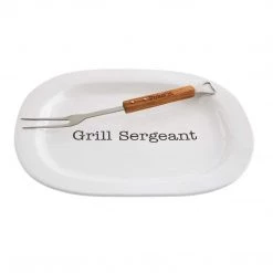 Mud Pie Grill Platter Set, 12" X 18" | Fork 14", White