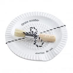 Mud Pie 40470003 Circa Garlic Grater, Dish 5.25" Dia | Brush 4.5", 5 1/4" 4 1/2", White