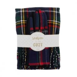 Mud Pie Red Tartan Scarf & Glove Holiday Gift Set In Navy