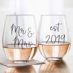 Mud Pie 44600021 Established 2019 Mrs Wedding Wine Glass Set One Size Black