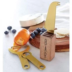 Mud Pie Barware Block Set, Size: Knife 6 1/4" | Peeler 5 1/2" | Opener 4 3/4" 3 1/2" X 2", Brown, Gold