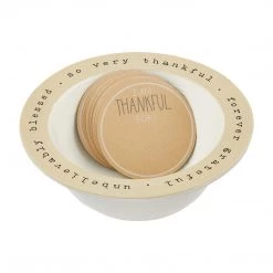 Mud Pie Thanksgiving Thankful, Bowl 3 1/4" X 7 Card 3 1/2" Dia, 3 1/2" Dia 3 1/2" Dia, White, Cream