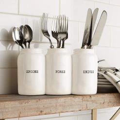 Mud Pie Farmhouse Ceramic Triple Utensil Holder, White