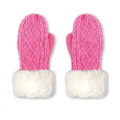 Pudus Chenille Cable Knit Winter Mittenss For Women, Fleece-Lined Warm Gloves Cable Knit Pink