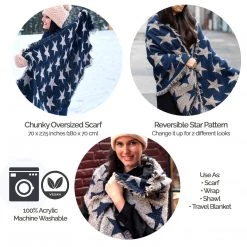 Pudus Women's Warm Blanket Scarf With Reversible Star Pattern, Oversized Shawls And Wraps For Winter And Fall Navy/Cream Stars