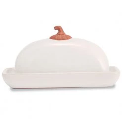 Mud Pie 4875004 Pumpkin Terracotta Butter Dish White