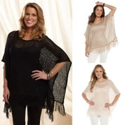 Mud Pie Fashion Sequins And Such Women's Andie Sequin Knit Poncho, Black, One Size