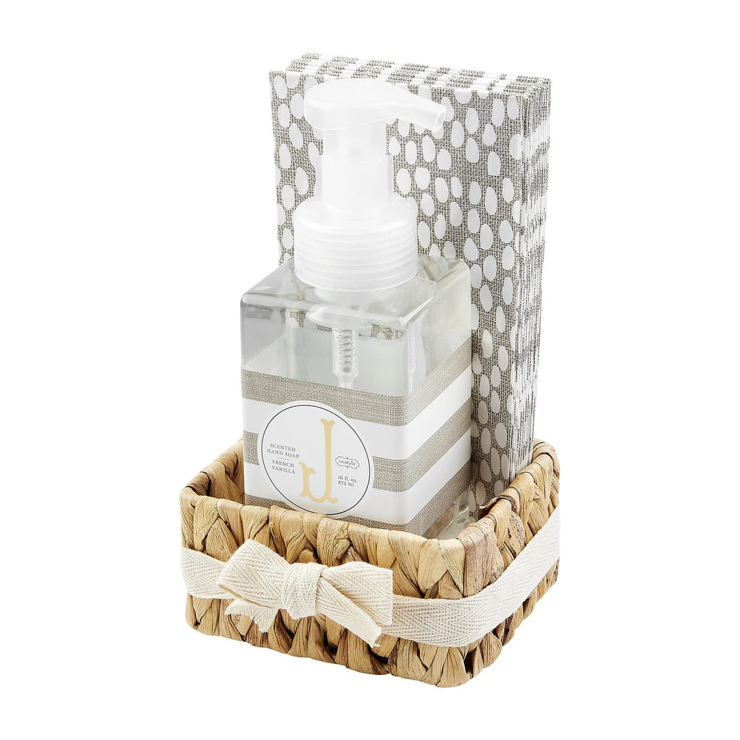 Mud Pie, Letter J Initial French Vanilla Scented Hand Soap & Towel Basket Set 1 Mud Pie, Letter J Initial French Vanilla Scented Hand Soap & Towel Basket Set