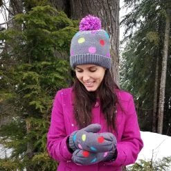 Pudus Classic Knit Winter Beanie Hat - Fluffy Pom Pom & Warm Fleece Lined Polka Dot Multi