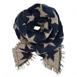 Pudus Women's Warm Blanket Scarf With Reversible Star Pattern, Oversized Shawls And Wraps For Winter And Fall Navy/Cream Stars