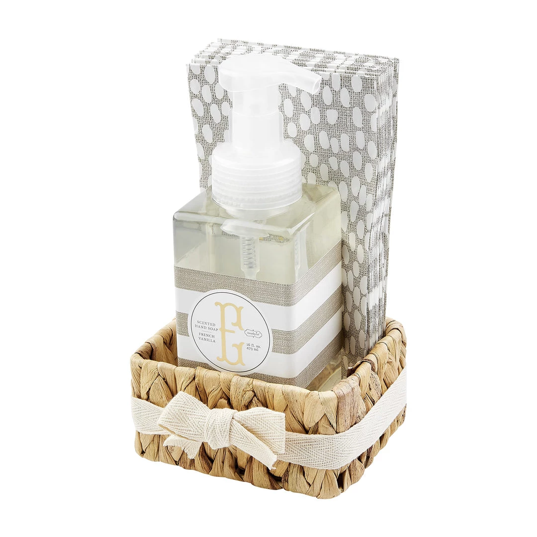 Mud Pie, Letter E Initial French Vanilla Scented Hand Soap & Towel Basket Set, Soap 17 Oz | Napkins 7 3/4" X 4" 2 1/2" X 4 1/4" X 3 1/2" 1 Mud Pie, Letter E Initial French Vanilla Scented Hand Soap & Towel Basket Set, Soap 17 Oz | Napkins 7 3/4" X 4" 2 1/2" X 4 1/4" X 3 1/2"