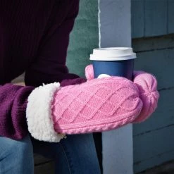 Pudus Chenille Cable Knit Winter Mittenss For Women, Fleece-Lined Warm Gloves Cable Knit Pink