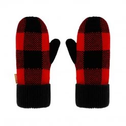 Pudus Kids Winter Knit Mittens, Fuzzy Sherpa-Lined Warm Gloves For Boys & Girls Lumberjack Red - Kids