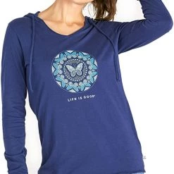 Life Is Good Products Life Is Good LIG Butterfly Coin Long Sleeve Hooded Smooth Tee Darkest Blue LG (US 12-14)