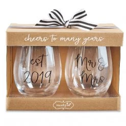 Mud Pie 44600021 Established 2019 Mrs Wedding Wine Glass Set One Size Black
