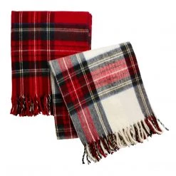 Mud Pie Red Tartan Fringe Throw White