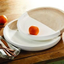 Mud Pie Paulownia Round Tray Set, Small 14" Dia | Large 16" Dia, White