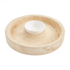 Mud Pie Paulownia Chip Ceramic Dip Bowl, 2" X 13" Dia 2" X 4 1/2" Dia, Tan