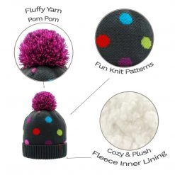 Pudus Classic Knit Winter Beanie Hat - Fluffy Pom Pom & Warm Fleece Lined Polka Dot Multi