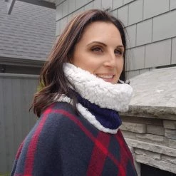 Pudus Cable Knit Winter Infinity Scarf, Fleece-Lined Neck Warmer Circle Snood Cable Knit Navy