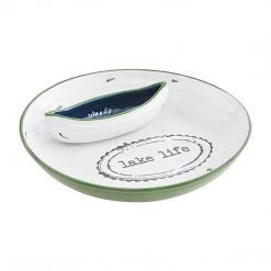 Outlet Setauket Gifts Store 20 Mud Pie Lake Life Chip And Dip Set, White/Green, 2" X 10 1/2" Dia