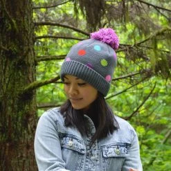 Pudus Classic Knit Winter Beanie Hat - Fluffy Pom Pom & Warm Fleece Lined Polka Dot Multi