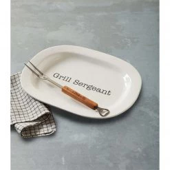 Mud Pie Grill Platter Set, 12" X 18" | Fork 14", White